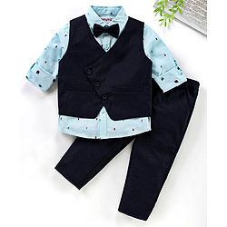 Babyhug 3 Piece Full Sleeves Party Suit With Bow - Light & Navy Blue