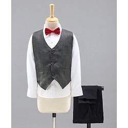 Babyhug 3 Piece Full Sleeves Party Suit With Bow - Grey White
