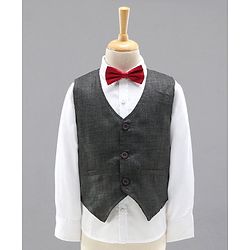 Babyhug 3 Piece Full Sleeves Party Suit With Bow - Grey White