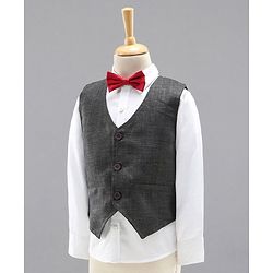 Babyhug 3 Piece Full Sleeves Party Suit With Bow - Grey White
