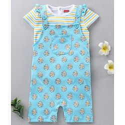 Babyhug Dungaree and Cap Sleeves Tee Set Floral Print - Blue