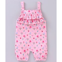 Babyhug Short Sleeves T-Shirt With Dungaree Floral Print - Pink