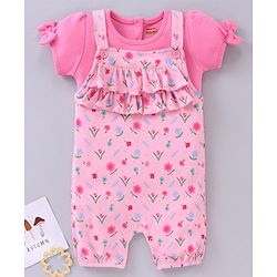 Babyhug Short Sleeves T-Shirt With Dungaree Floral Print - Pink