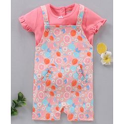 Babyhug Cap Sleeves Cotton Tee With Dungaree Lemon Print- Pink