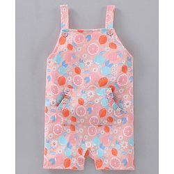 Babyhug Cap Sleeves Cotton Tee With Dungaree Lemon Print- Pink