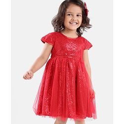 Babyhug Cap Sleeves Sequined Party Frock with Corsage - Red