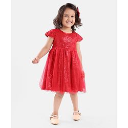 Babyhug Cap Sleeves Sequined Party Frock with Corsage - Red