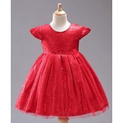 Babyhug Cap Sleeves Sequined Party Frock with Corsage - Red