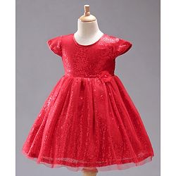 Babyhug Cap Sleeves Sequined Party Frock with Corsage - Red