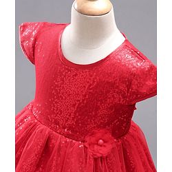 Babyhug Cap Sleeves Sequined Party Frock with Corsage - Red