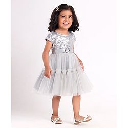 Babyhug Cap Sleeves Party Wear Tutu Sequined Frock Corsage Applique - Grey