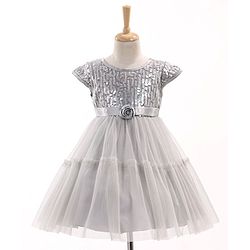 Babyhug Cap Sleeves Party Wear Tutu Sequined Frock Corsage Applique - Grey
