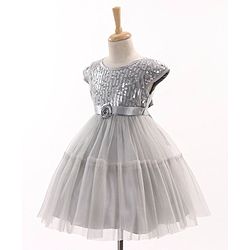Babyhug Cap Sleeves Party Wear Tutu Sequined Frock Corsage Applique - Grey