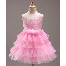 Babyhug Singlet Sleeves Layered Party Frock with Floral Corsage - Pink