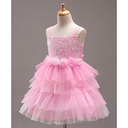Babyhug Singlet Sleeves Layered Party Frock with Floral Corsage - Pink