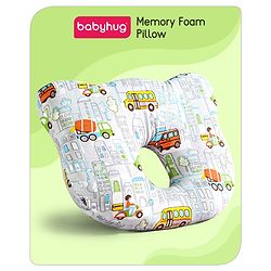 Babyhug Memory Foam Pillow Transport Print - Blue| Prevents Flat-Head Syndrome| Firm and Supportive| Supports Neck and Shoulders| Soft Breathable Fabric| Washable| Travel Friendly| Suitable for New Born