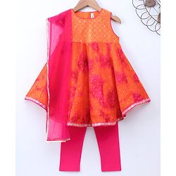 Babyhug Sleeveless Sequined Asymmetrical Kurta and Chudidar Set with Lace Border Dupatta - Fuschia