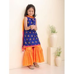 Babyhug Sleeveless Embroidered Tassel Kurta and Garara Set with Lace Border Ruffled Dupatta - Blue Orange
