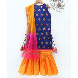 Babyhug Sleeveless Embroidered Tassel Kurta and Garara Set with Lace Border Ruffled Dupatta - Blue Orange