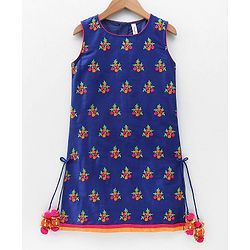 Babyhug Sleeveless Embroidered Tassel Kurta and Garara Set with Lace Border Ruffled Dupatta - Blue Orange