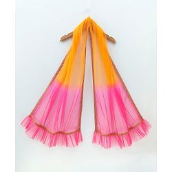 Babyhug Sleeveless Embroidered Tassel Kurta and Garara Set with Lace Border Ruffled Dupatta - Blue Orange