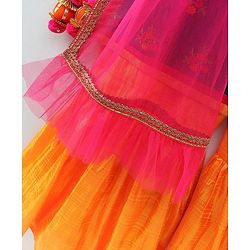 Babyhug Sleeveless Embroidered Tassel Kurta and Garara Set with Lace Border Ruffled Dupatta - Blue Orange