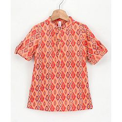 Babyhug Full Sleeves Cotton Block Print Kurta - Orange