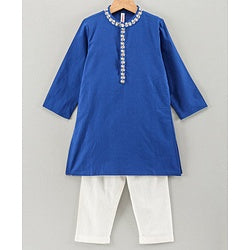 Babyhug Full Sleeves Kurta Pyjama Set with Embroidered Neckline - Navy White