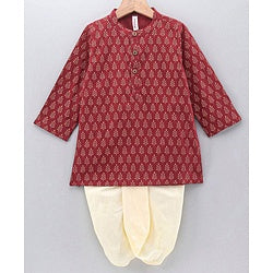 Babyhug Full Sleeves All Over Printed Dhoti & Kurta Set - Maroon