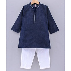 Babyhug Full Sleeves Solid Colour Kurta & Pyjama - Dark Blue White