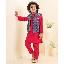 Babyhug Full Sleeves Kurta Pyjama Set with Waistcoat Abstract Floral Print - Maroon Blue