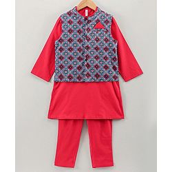 Babyhug Full Sleeves Kurta Pyjama Set with Waistcoat Abstract Floral Print - Maroon Blue