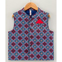 Babyhug Full Sleeves Kurta Pyjama Set with Waistcoat Abstract Floral Print - Maroon Blue
