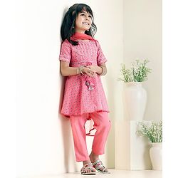 Babyhug Half Sleeves Kurti Churidar Set with Dupatta All Over Printed - Pink
