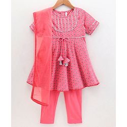 Babyhug Half Sleeves Kurti Churidar Set with Dupatta All Over Printed - Pink