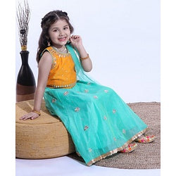 Babyhug Half Sleeves Sequined Choli & Flared Lehenga with Dupatta - Orange Aqua
