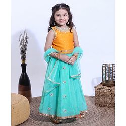 Babyhug Half Sleeves Sequined Choli & Flared Lehenga with Dupatta - Orange Aqua