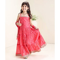 Babyhug Sleeveless Embroidered Choli Lehenga and Dupatta Set with Sequins - Coral
