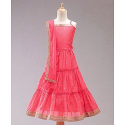 Babyhug Sleeveless Embroidered Choli Lehenga and Dupatta Set with Sequins - Coral