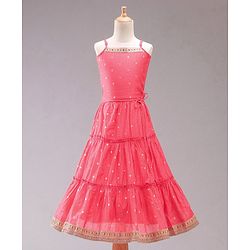 Babyhug Sleeveless Embroidered Choli Lehenga and Dupatta Set with Sequins - Coral