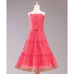 Babyhug Sleeveless Embroidered Choli Lehenga and Dupatta Set with Sequins - Coral