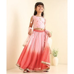 Babyhug Singlet Sleeves Embellished Choli and Flared Shaded Lehenga with Bordered Dupatta - White Orange