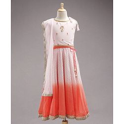 Babyhug Singlet Sleeves Embellished Choli and Flared Shaded Lehenga with Bordered Dupatta - White Orange