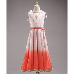 Babyhug Singlet Sleeves Embellished Choli and Flared Shaded Lehenga with Bordered Dupatta - White Orange
