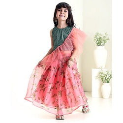 Babyhug Sleeveless Sequined Choli Lehenga and Dupatta Set Floral Print - Dark Green Peach