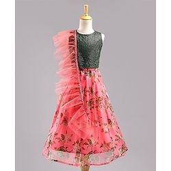 Babyhug Sleeveless Sequined Choli Lehenga and Dupatta Set Floral Print - Dark Green Peach
