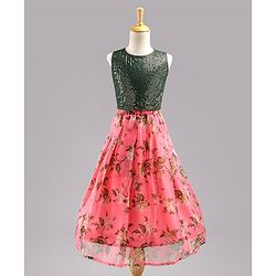 Babyhug Sleeveless Sequined Choli Lehenga and Dupatta Set Floral Print - Dark Green Peach