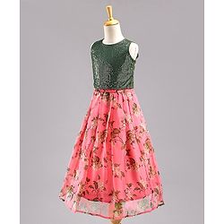 Babyhug Sleeveless Sequined Choli Lehenga and Dupatta Set Floral Print - Dark Green Peach