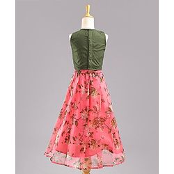 Babyhug Sleeveless Sequined Choli Lehenga and Dupatta Set Floral Print - Dark Green Peach
