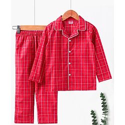 Babyhug Full Sleeves Woven Checked Shirt & Pyjama Set - Red